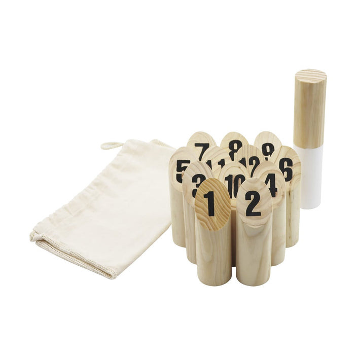 Skittle Throw - A wooden skittle set with numbered pins, packaged with a drawstring bag. The pins are natural wood with black numbers.