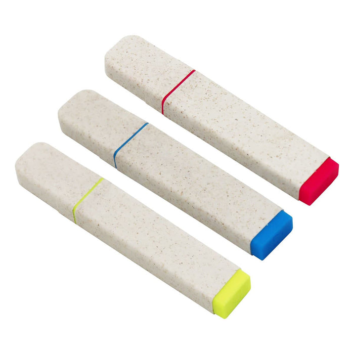 Eco Highlighter - Three eco-friendly highlighters in white with coloured caps: pink, blue, and yellow. Each has a branding logo.