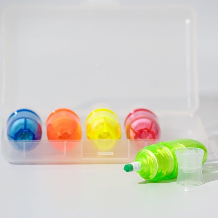 Mackie Highlighter Sets - A set of highlighters in a transparent case, featuring bright blue, red, yellow, and green colours.