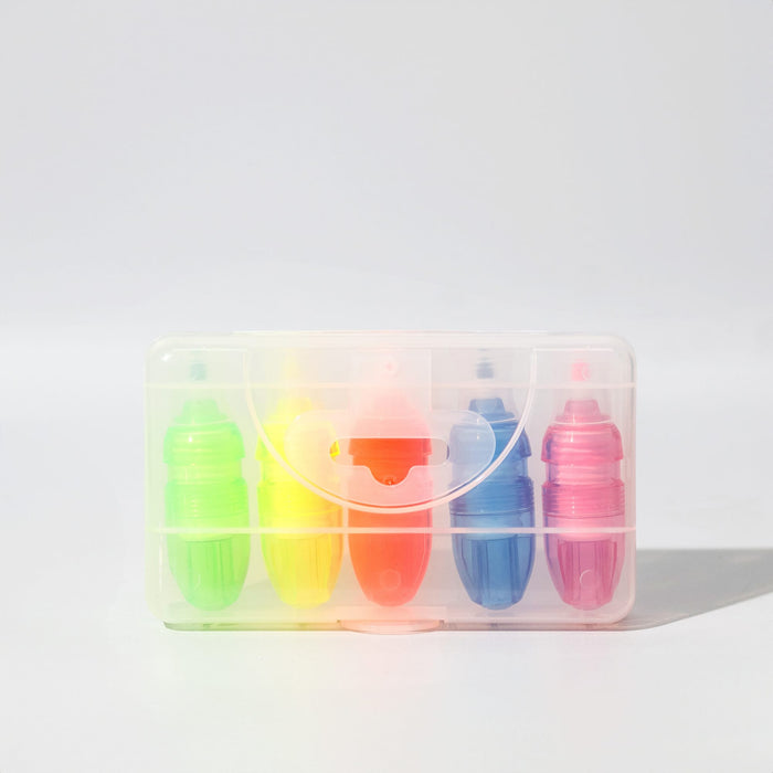 Mackie Highlighter Sets - A set of highlighters in green, yellow, pink, and blue, contained in a clear plastic case with a handle.