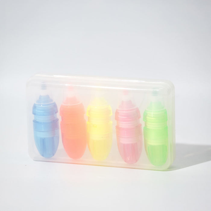 Mackie Highlighter Sets - A set of five highlighters in blue, pink, yellow, orange, and green, housed in a transparent case with a logo.