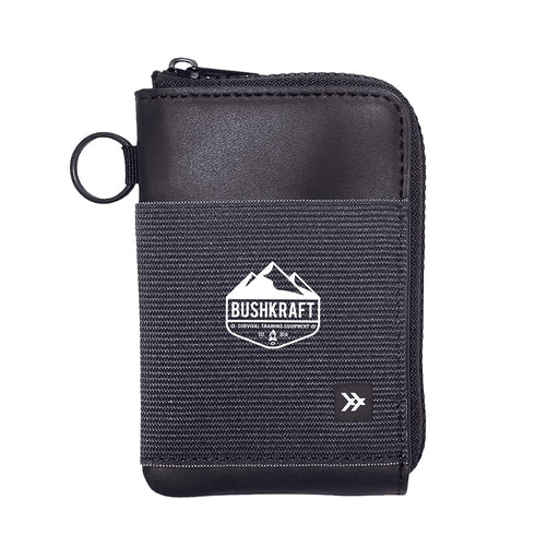 Thread Zipper Wallet - A black and grey zippered wallet featuring a logo on the front and a round zip pull.