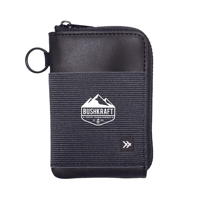 Thread Zipper Wallet - A black and grey zippered wallet featuring a logo on the front and a round zip pull.
