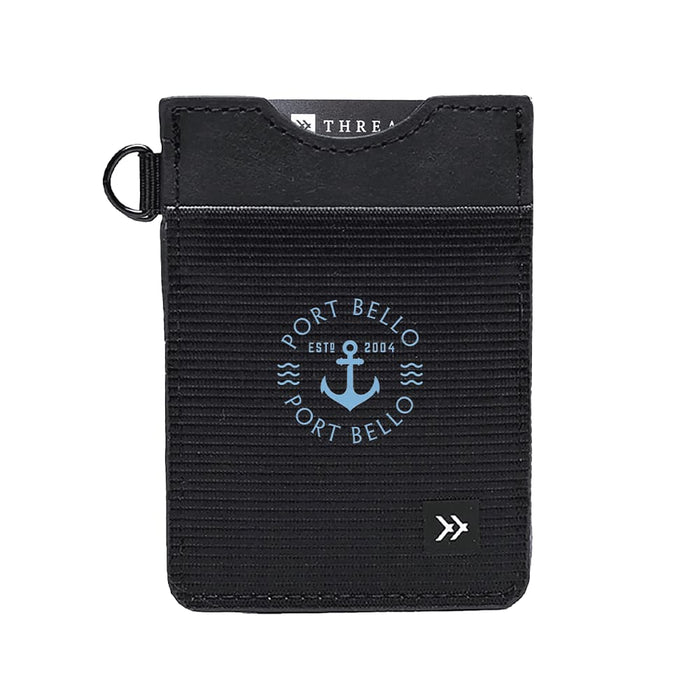 Thread Vertical Wallet - A black vertical wallet featuring a logo, with a textured design and a keyring attachment.