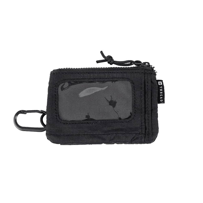 Thread Pouch Wallet - A black pouch wallet with a clear window and a carabiner clip, featuring a simple design and a branding logo.