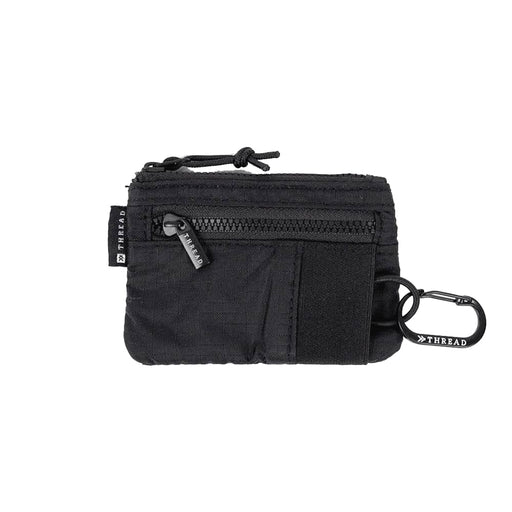 Thread Pouch Wallet - A black pouch wallet featuring a zipper pocket, a Velcro section, and a carabiner clip. It has a logo detail.