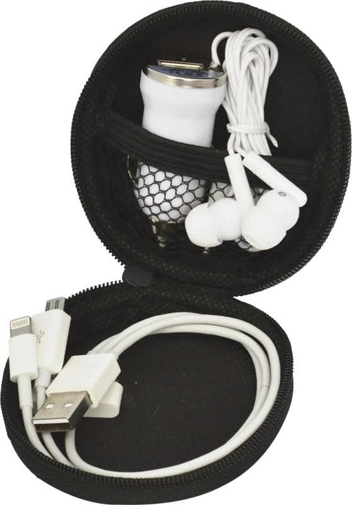 Spirit Techno Kit - A black zippered case containing white earphones, a USB cable, and a charger.
