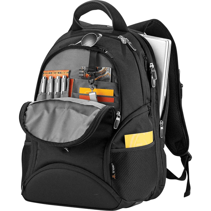 Trekk 2.0 15" Computer Backpack35L - A black computer backpack with multiple compartments, featuring pens, notebooks, and a laptop sleeve.