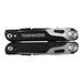Trekk Survival Multi-Tool - A black and silver multi-tool with a logo, featuring various tools in a compact design.