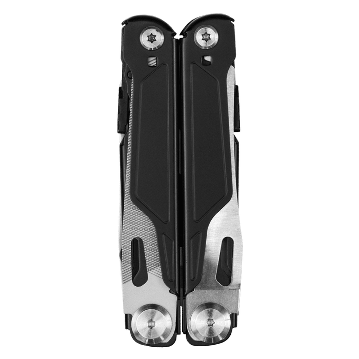 Trekk Survival Multi-Tool - A multi-tool with a black and silver design, featuring various tools in a compact, foldable form. It has a logo.