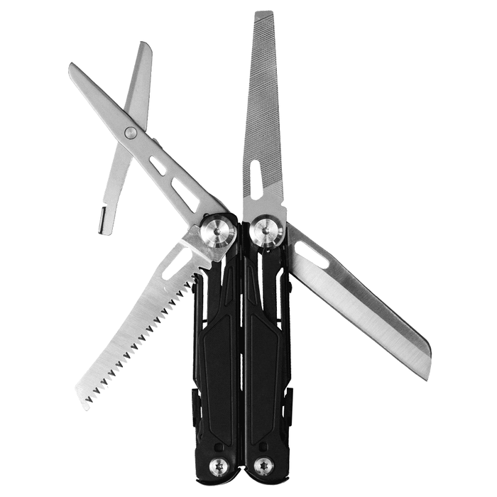 Trekk Survival Multi-Tool - A multi-tool featuring silver stainless steel blades and black handles, designed for versatility and convenience.