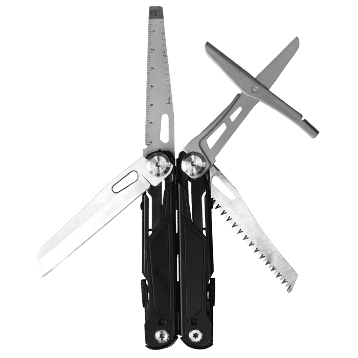 Trekk Survival Multi-Tool - A black multi-tool featuring multiple blades, a ruler, and a saw, with a logo on the handle.