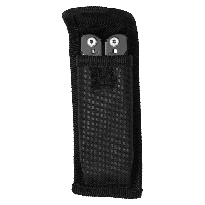 Trekk Survival Multi-Tool - A black fabric pouch containing a multi-tool with visible stainless steel components. It features a logo on the pouch.