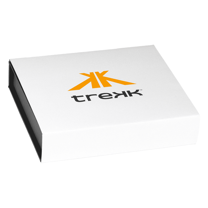 Trekk Survival Multi-Tool - A white box with an orange logo, designed for the Trekk Survival Multi-Tool, featuring a sleek, minimalist look.