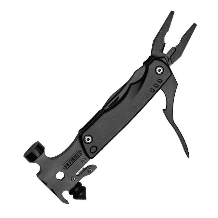 Trekk Survival Hammer & Multi-Tool - A black multi-tool with pliers and various functions, featuring a sleek design and a branding logo.