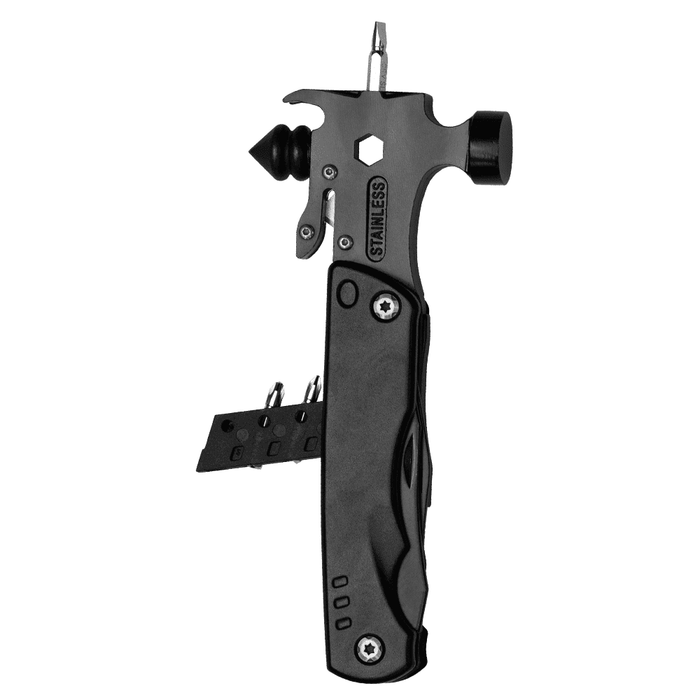 Trekk Survival Hammer & Multi-Tool - A stainless steel multi-tool and survival hammer with a black ergonomic handle and multiple attachments.