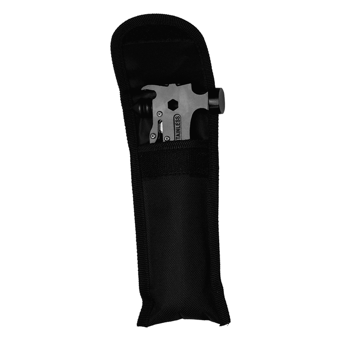 Trekk Survival Hammer & Multi-Tool - A black multi-tool with a hammer in a black pouch. The pouch has a simple design and secures with a flap.