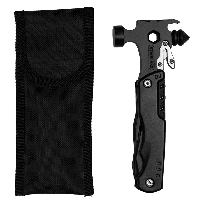 Trekk Survival Hammer & Multi-Tool - A black multi-tool and survival hammer with a sheath, featuring various tools and a logo.