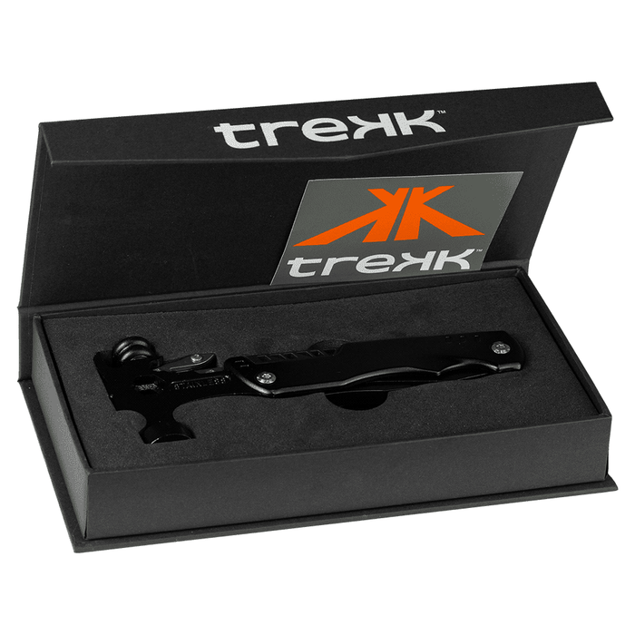 Trekk Survival Hammer & Multi-Tool - A black multi-tool with various functions, displayed in a sleek black box featuring a logo.