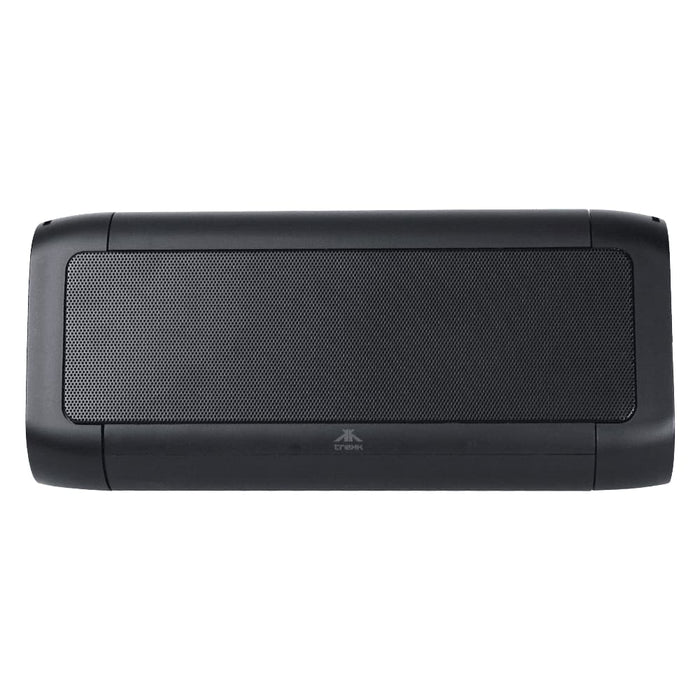 Trekk Outdoor Speaker & Wireless Powerbank - A black outdoor speaker and wireless power bank with a textured front surface and rounded edges. It features a logo.