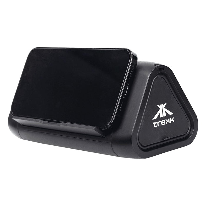 Trekk Outdoor Speaker & Wireless Powerbank - A black outdoor speaker and wireless power bank with a triangular design, holding a smartphone on top.