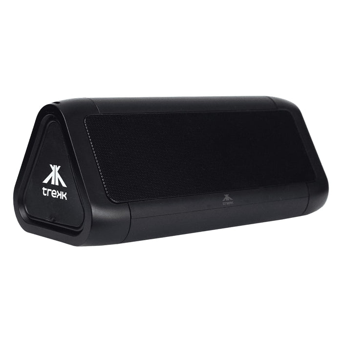 Trekk Outdoor Speaker & Wireless Powerbank - A black outdoor speaker with a triangular design and a logo on the side. It features a textured speaker grille.