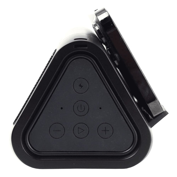 Trekk Outdoor Speaker & Wireless Powerbank - A triangular black outdoor speaker and wireless power bank featuring control buttons on the front and a logo.