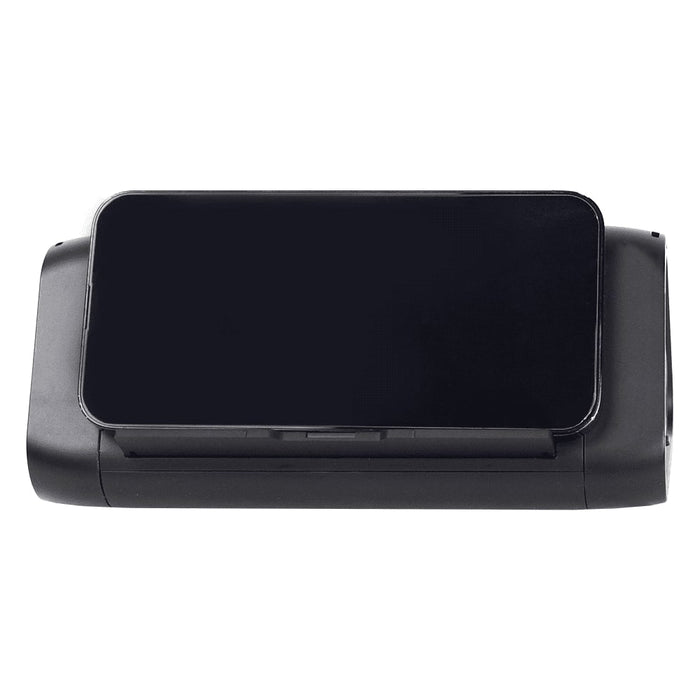 Trekk Outdoor Speaker & Wireless Powerbank - A black outdoor speaker and wireless power bank with a sleek design and a glossy surface. It features a logo.