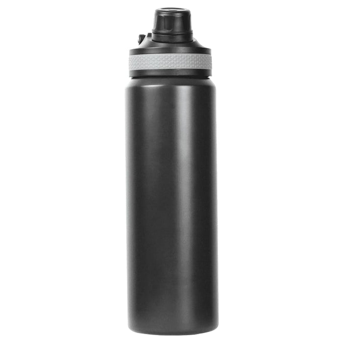 Trekk Chug or Sip Double Wall Bottle - 800ml - A drink bottle in matte black with a grey band, featuring a screw-on lid and a logo.