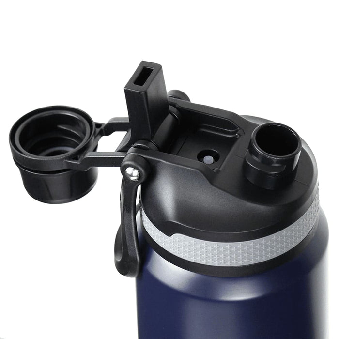 Trekk Chug or Sip Double Wall Bottle - 800ml - A drink bottle in navy blue with a black lid and a removable cup, featuring a logo.