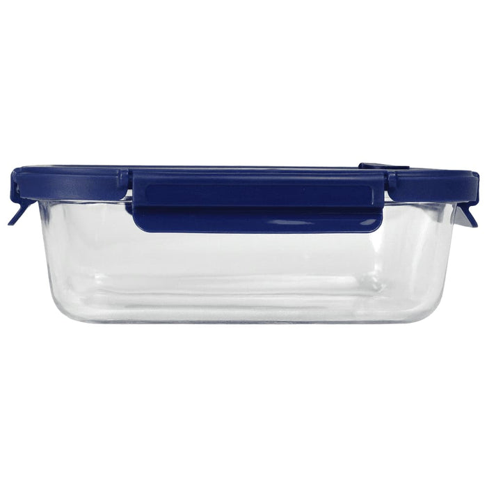 Trekk Crib Glass Lunch Box - A glass lunch box with a transparent body and a navy blue lid, featuring a secure locking mechanism.