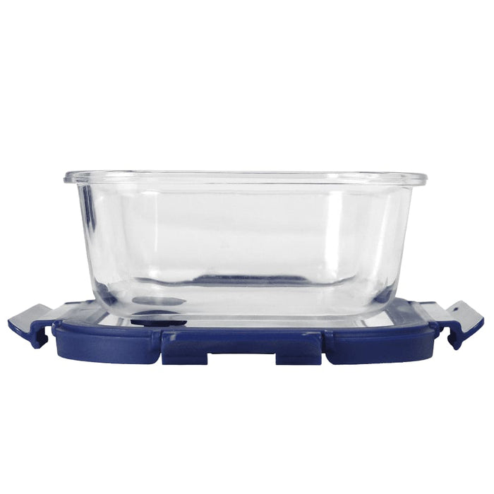 Trekk Crib Glass Lunch Box - A clear glass lunch box with a navy blue lid and a secure locking mechanism.
