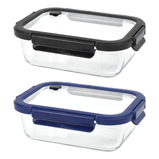 Trekk Crib Glass Lunch Box - A glass lunch box with a clear body and black and navy blue lids, featuring a secure locking mechanism and a logo.