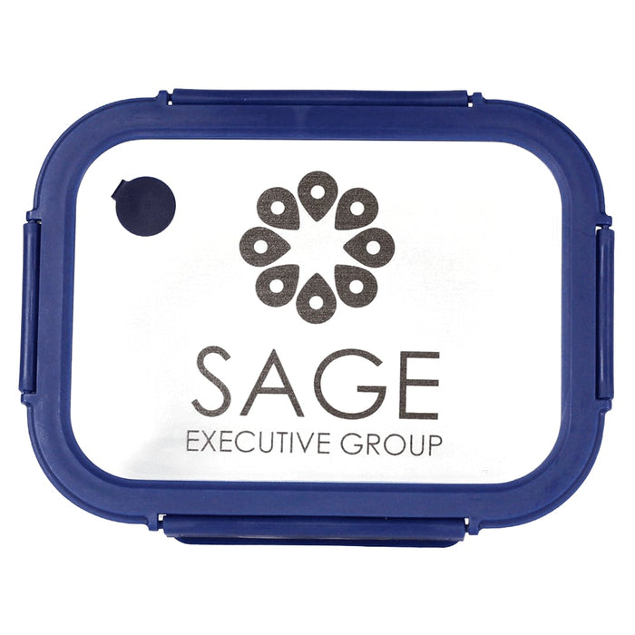 Trekk Crib Glass Lunch Box - A glass lunch box with a blue lid and a logo on the front, featuring an oval design and the word "SAGE".