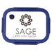 Trekk Crib Glass Lunch Box - A glass lunch box with a blue lid and a logo on the front, featuring an oval design and the word "SAGE".