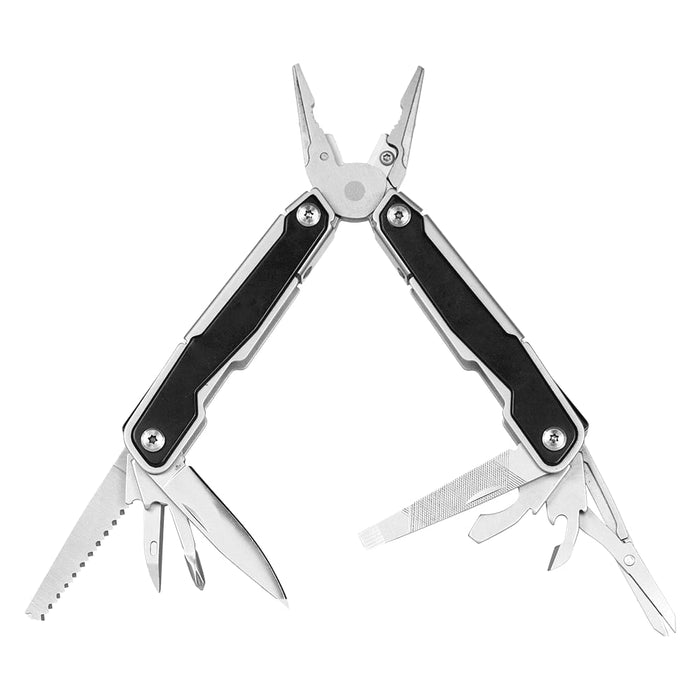 Trekk Multifunction Tool - A multifunction tool featuring silver stainless steel and a black grip, with various tools including pliers, blades, and a saw.