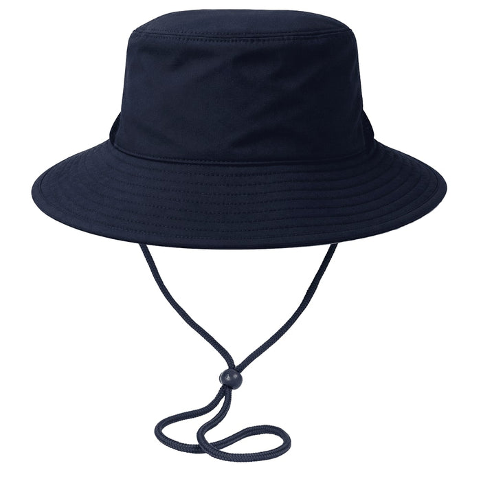 Trekk Recycled Surf Hat - A navy recycled surf hat with a wide brim and an adjustable chin strap. It features a logo on the side.