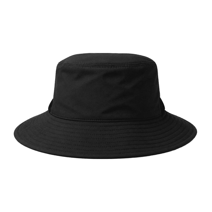 Trekk Recycled Surf Hat - A black recycled surf hat with a wide brim and rounded crown, featuring a logo on one side.