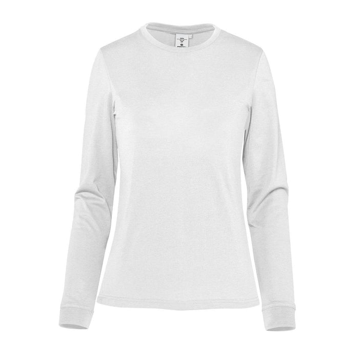 Women's Settebello L/S Tee - A long-sleeve white women's tee featuring a round neck and fitted sleeves. The shirt includes a brand logo.
