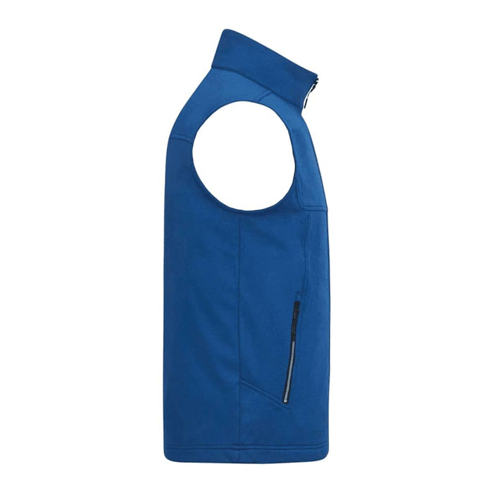Men's Joris Eco Waterproof Softshell Vest - A blue eco waterproof softshell vest with a high collar and side zip pocket. Features a logo on the front.