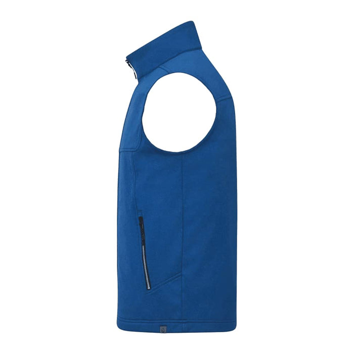 Men's Joris Eco Waterproof Softshell Vest - A blue eco waterproof softshell vest with a high collar and a zippered side pocket, featuring a logo.