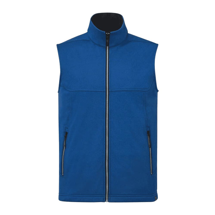 Men's Joris Eco Waterproof Softshell Vest - A blue, eco waterproof softshell vest with a high collar and zippered pockets, featuring a logo on the chest.