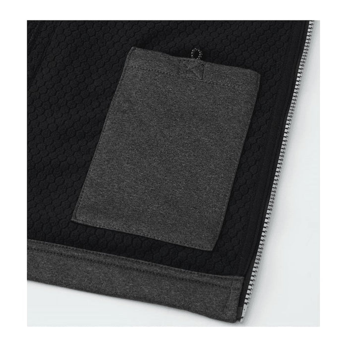Men's Joris Eco Waterproof Softshell Vest - A black waterproof softshell vest featuring a grey pocket and a logo. Textured fabric detail is visible.