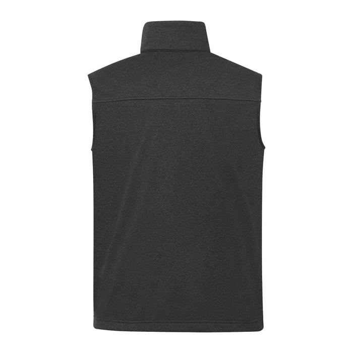 Men's Joris Eco Waterproof Softshell Vest - A black eco waterproof softshell vest with a high collar and a plain back. It features a logo on the design.