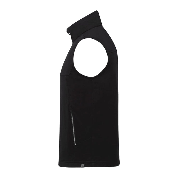 Men's Joris Eco Waterproof Softshell Vest - A black eco waterproof softshell vest with a high collar and zippered pocket, featuring a logo.