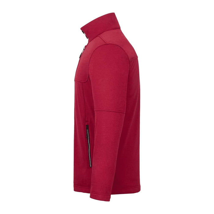 Men's Joris Eco Waterproof Softshell Jacket - A red men's softshell jacket features a high collar and zippered pockets, with a logo present.