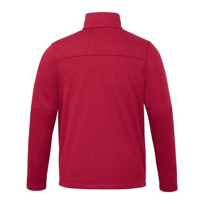 Men's Joris Eco Waterproof Softshell Jacket - A red softshell jacket with a high collar and long sleeves, featuring a logo on the back.