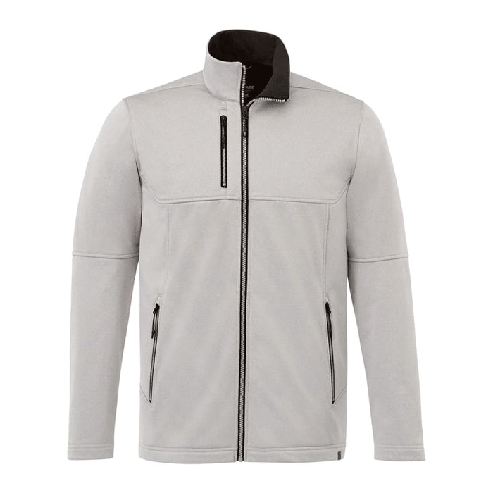 Men's Joris Eco Waterproof Softshell Jacket - A light grey waterproof softshell jacket with a high collar and zippered pockets, featuring a black trim.
