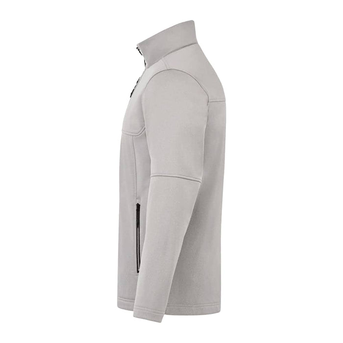 Men's Joris Eco Waterproof Softshell Jacket - A grey softshell jacket with a high collar, front zip, and zippered side pockets. It features a logo on the chest.