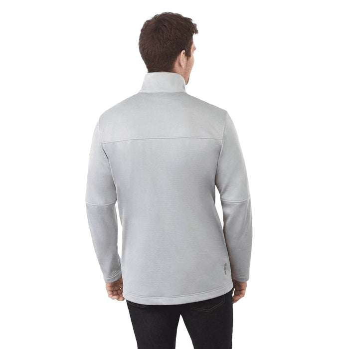 Men's Joris Eco Waterproof Softshell Jacket - A men's soft shell jacket in light grey with a high collar and long sleeves, featuring a logo on the back.